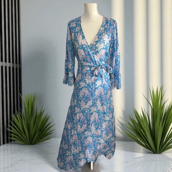 HANNAH Artwear Blue Floral 100% Silk Midi Wrap Dress One / Free Size - Picture 1 of 15